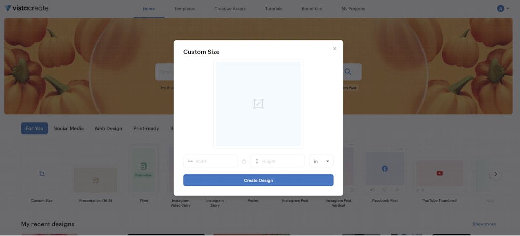 VistaCreate homepage featuring custom size window