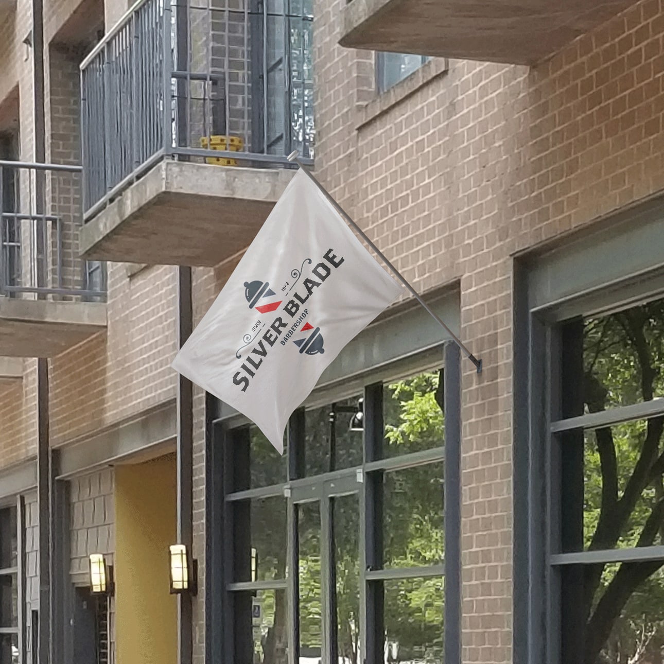 Wall flag with small business name and logo.