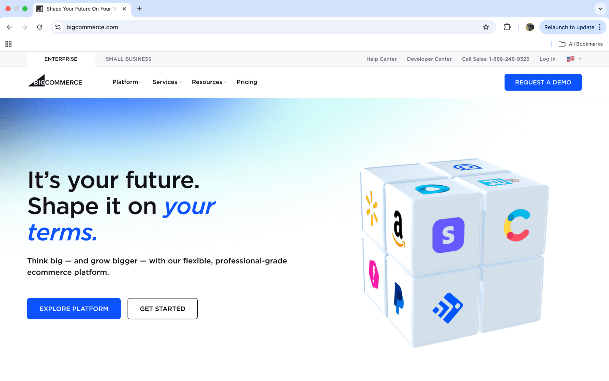 BigCommerce homepage, a web pages design software for online stores.