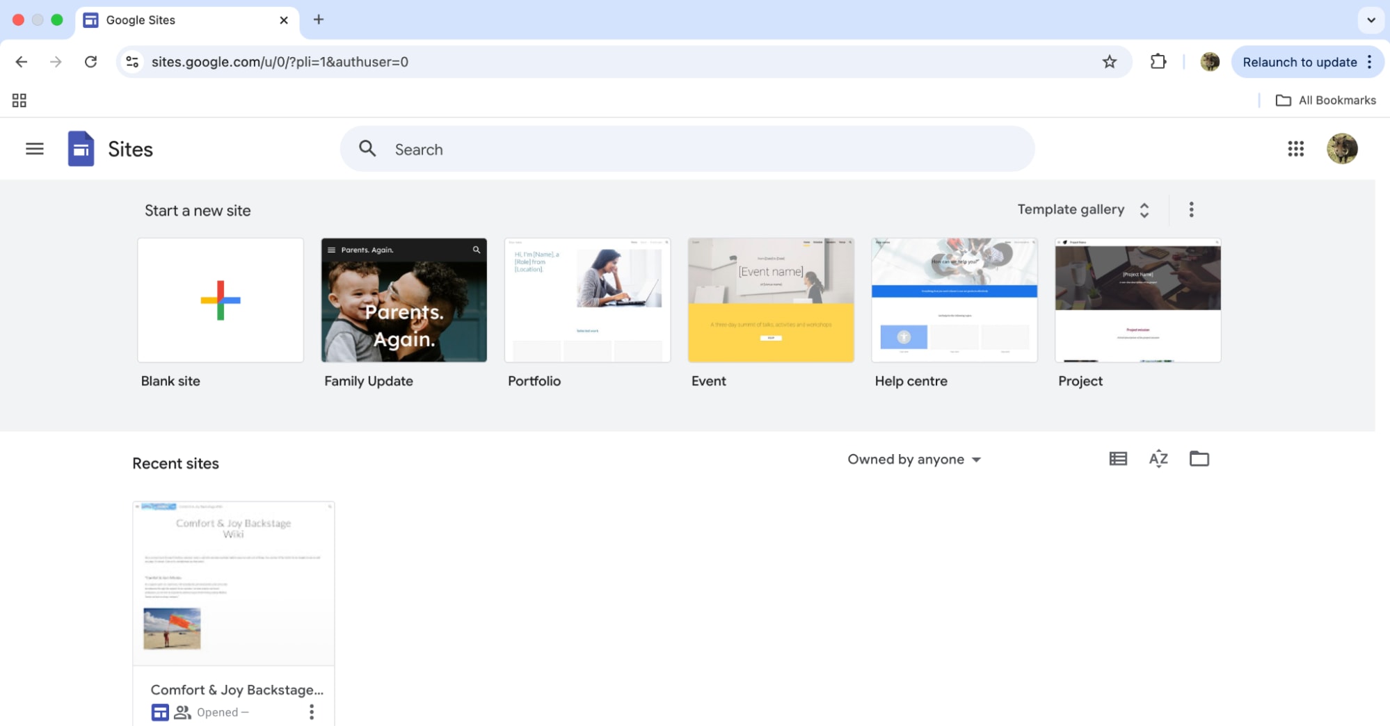 Google Sites homepage, a free web pages design software.