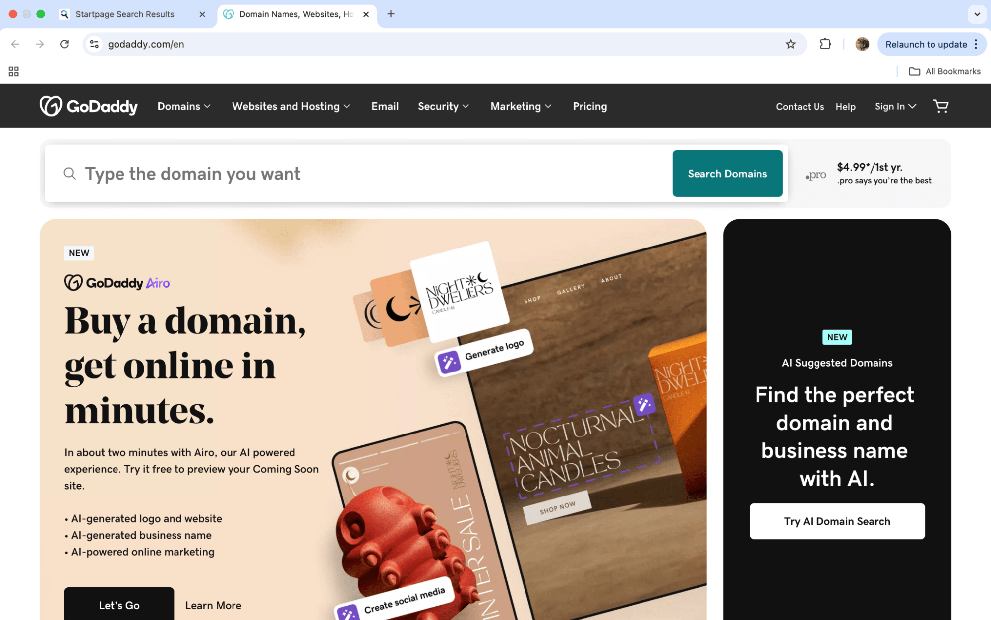 GoDaddy homepage, web pages design software for small businesses.