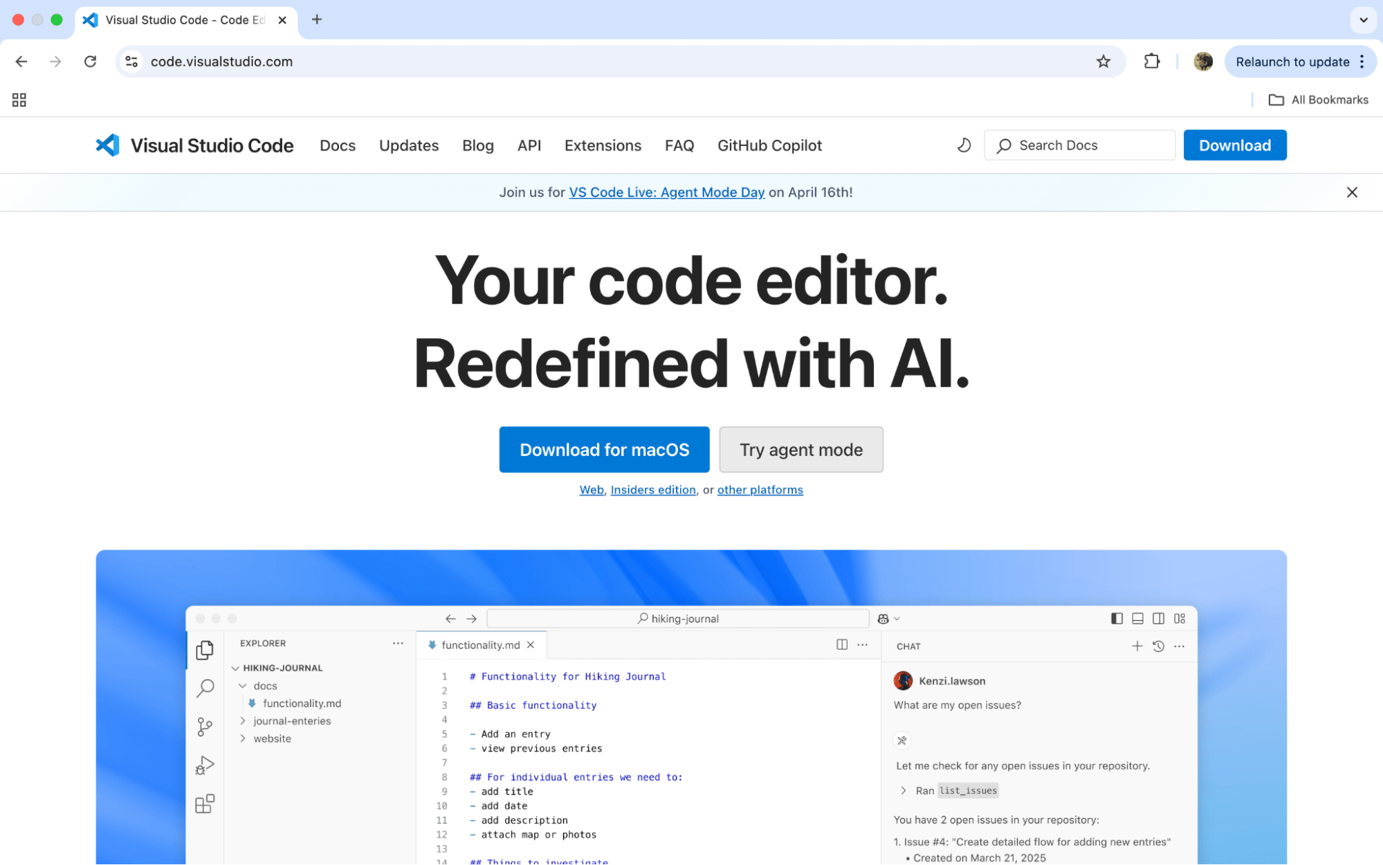Visual Studio Code homepage, a web pages design software for developers.
