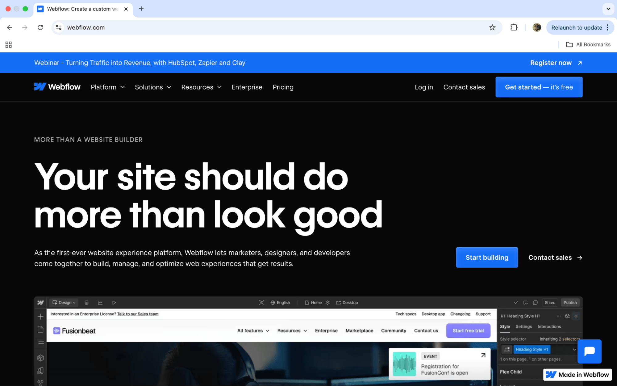 Webflow software homepage design for custom website creation.