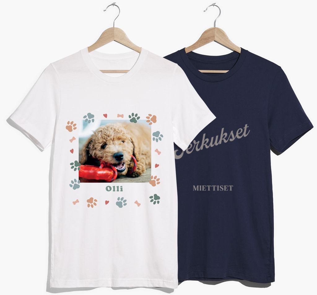 A white and dark grey T-shirt on hangers, side by side, the white showing an example of direct to garment photo printing with an image of a dog, the darker T-shirt shows some writing