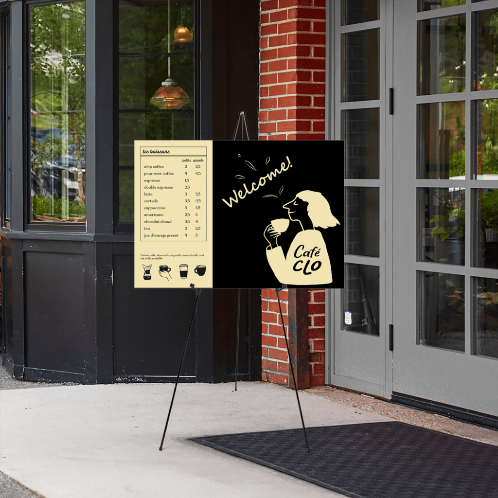 Business signage outside a coffee shop.