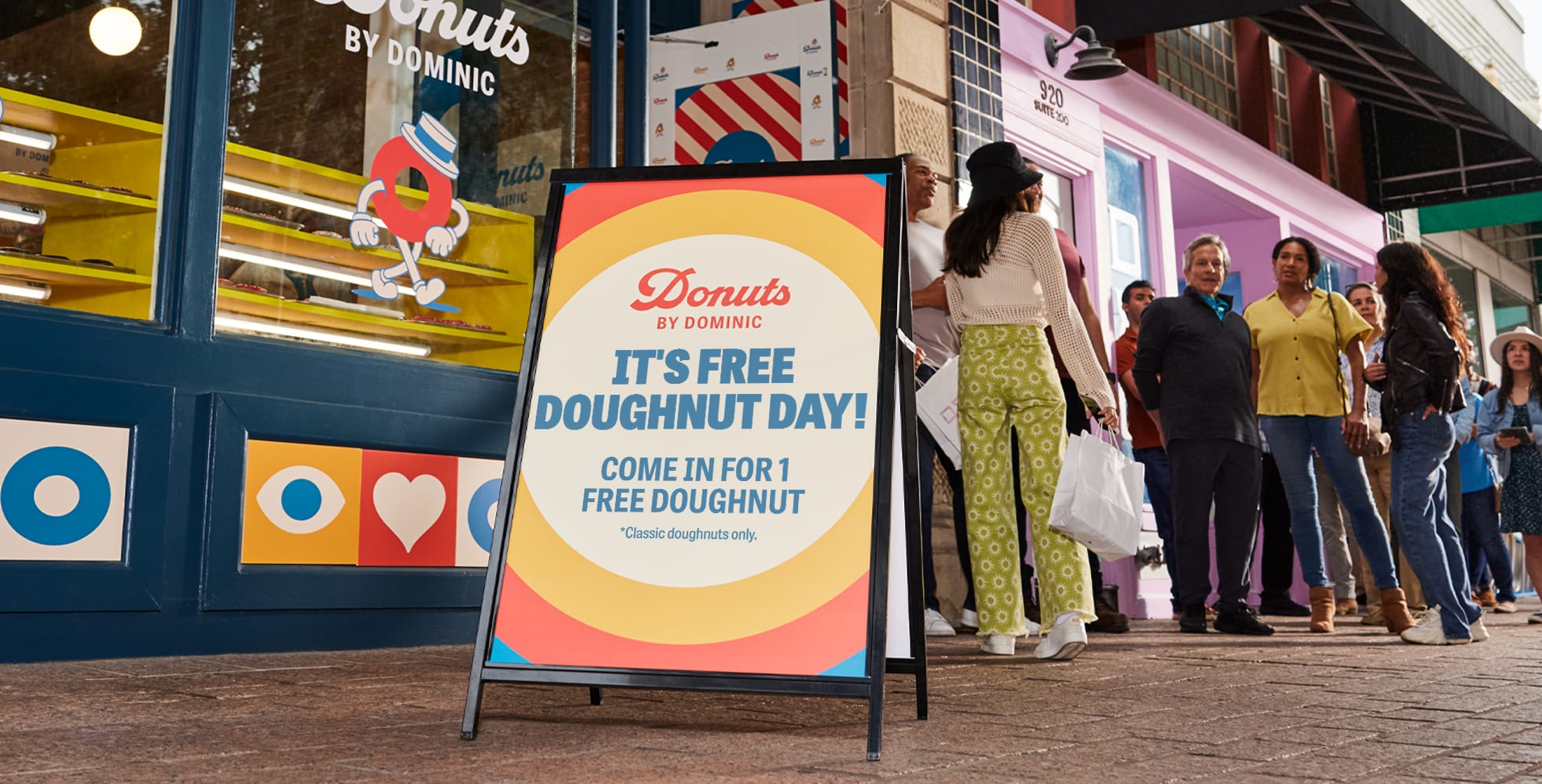 Customers queueing outside a doughnut shop marketing funnel.