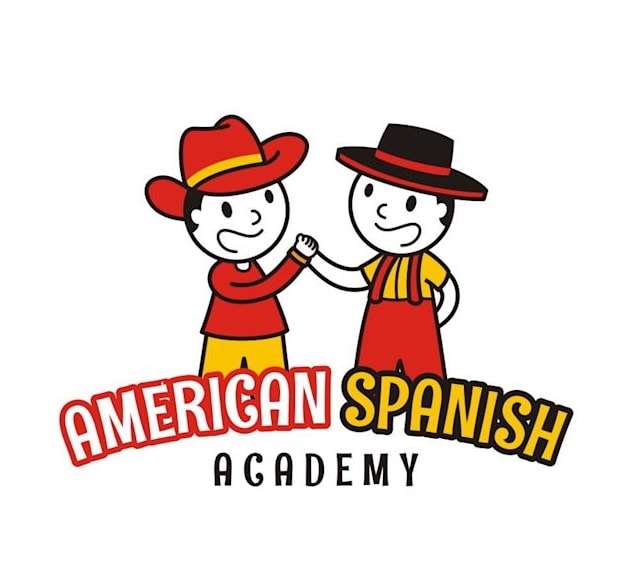 An illustration of two characters shaking hands, representing the slogan below them that reads "American Spanish Academy"