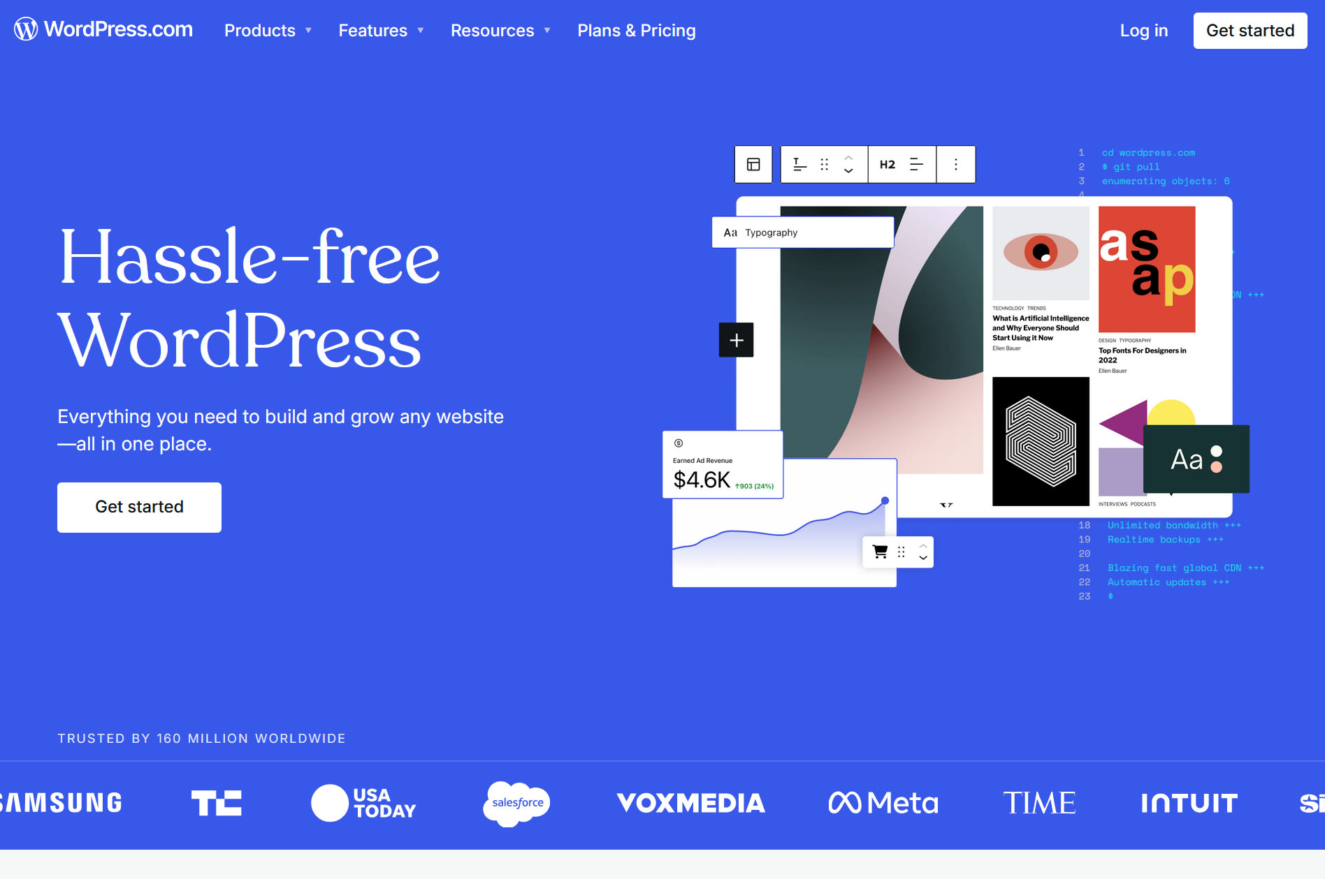 A snapshot of WordPress.com home page with the tagline &ldquo;Hassle-free WordPress&rdquo;