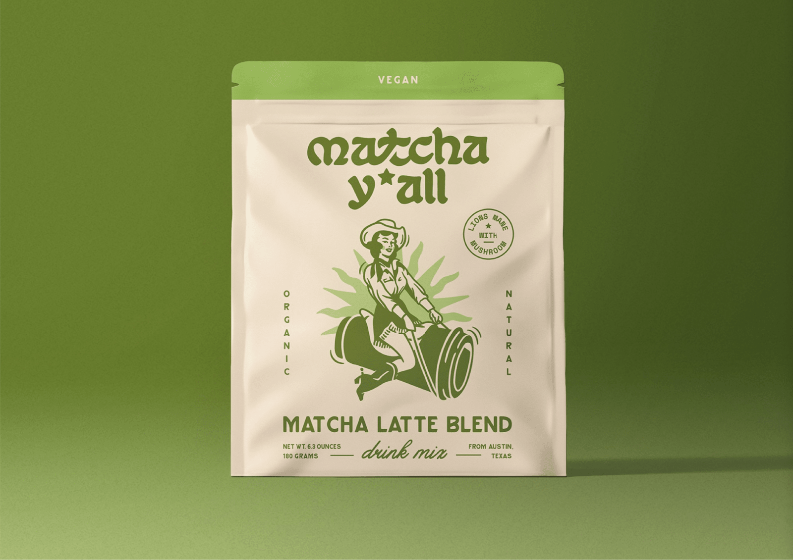 Retro-inspired matcha brand packaging design that uses stylized fonts.