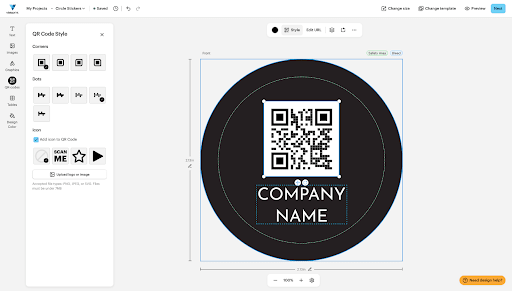 A screenshot of the QR code generator built into the VistaPrint design editor