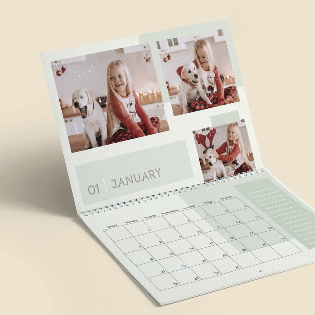 wall calendar featuring a girl and her dog