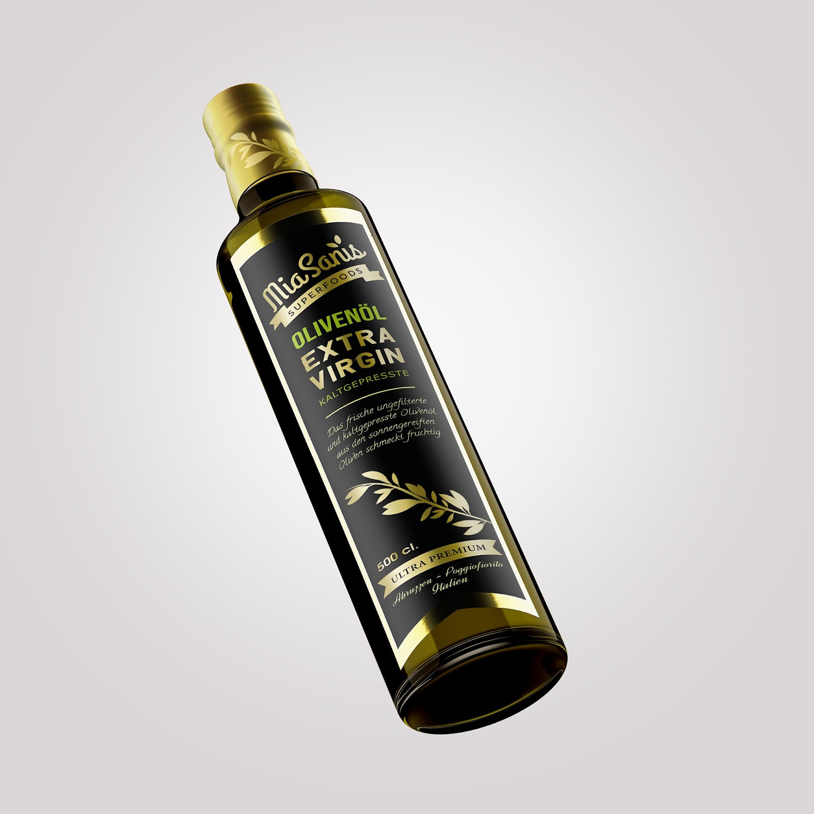 An example of brand packaging design that uses rich colors and gold elements to convey the premium nature of the olive oil brand.