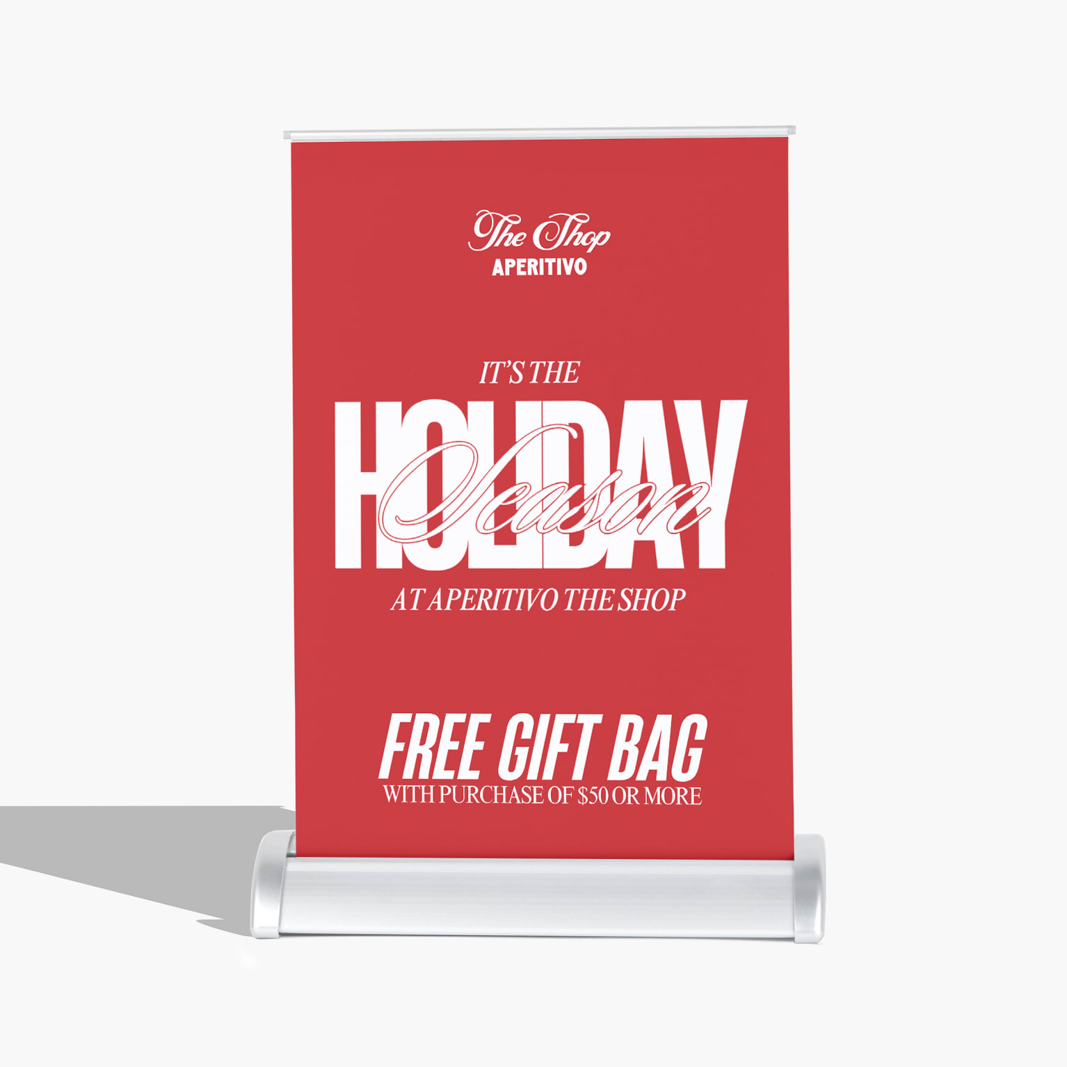 A tabletop sign promoting holiday season specials at a shop