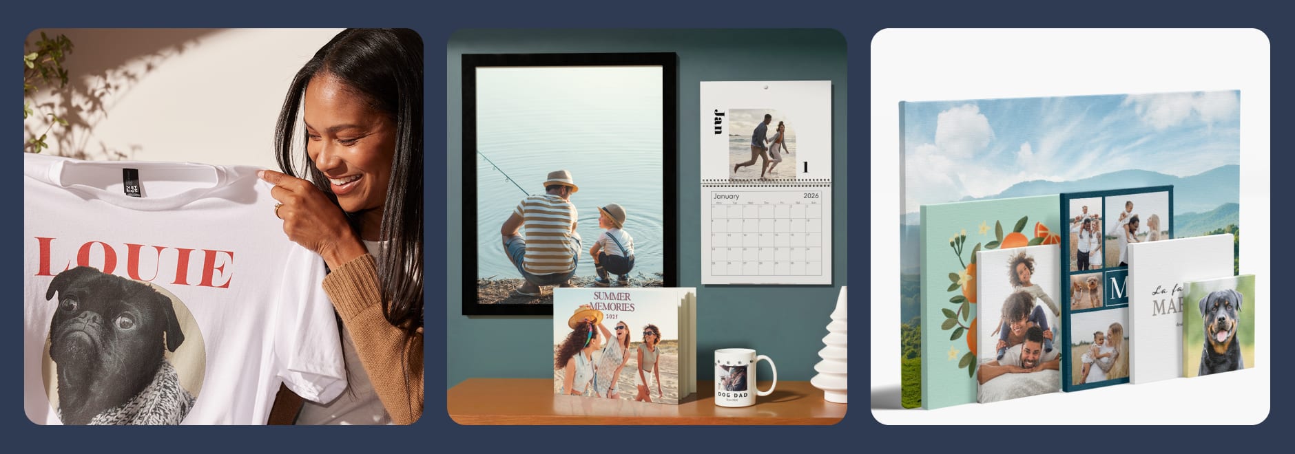 A customer holding a T-shirt with a pet photo printed on it, along with other photo gifts such as calendars, mugs and canvas prints in various shapes and styles.