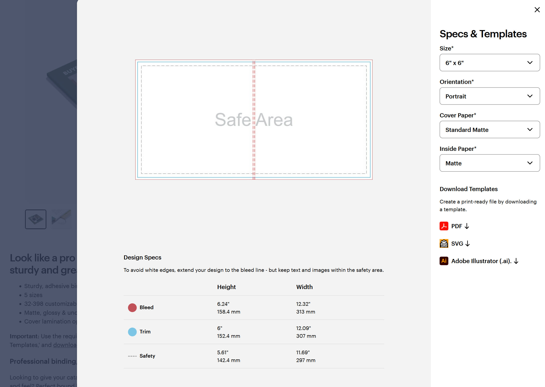 A screenshot of the downloadable booklet template in the Specs & Templates section on the VistaPrint website