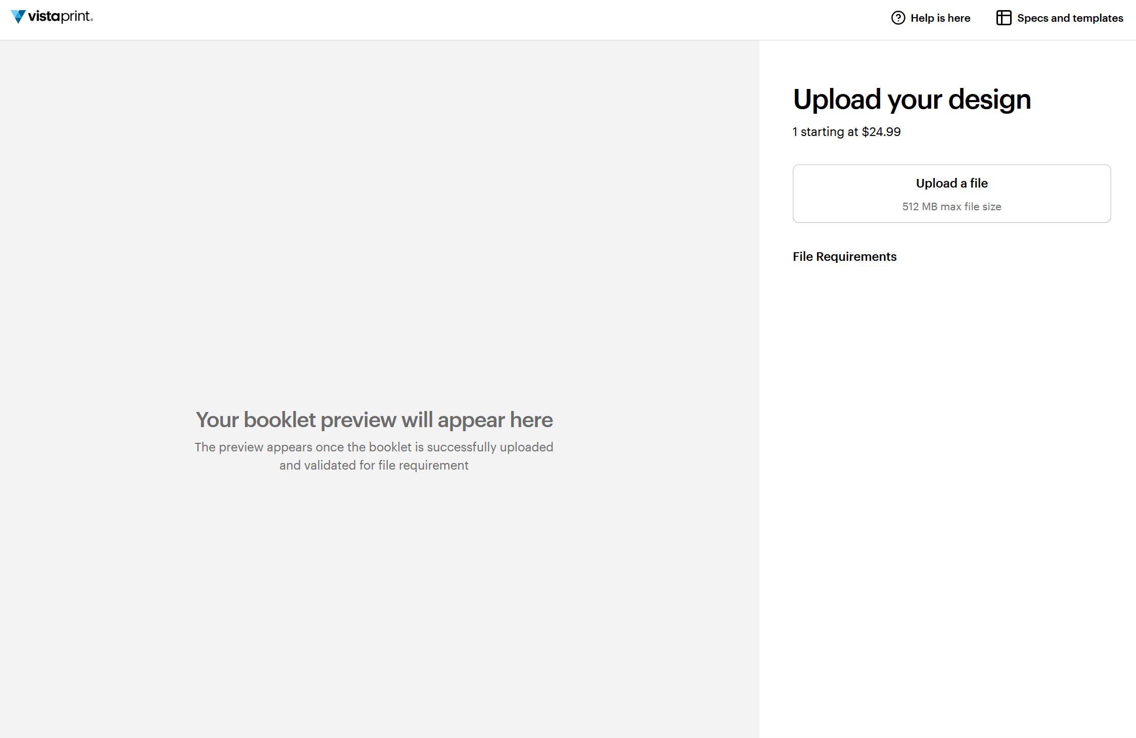 A screenshot of the booklet file upload page on the VistaPrint website