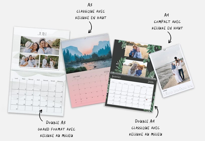 Exemples de calendriers photo muraux dans les quatre styles les plus populaires