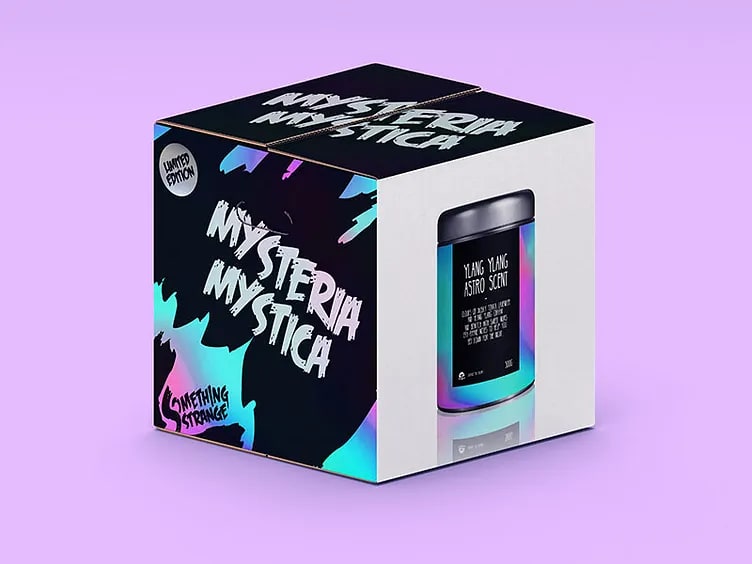 Packaging for a scent featuring blue and pink neon colors as accents against black and white