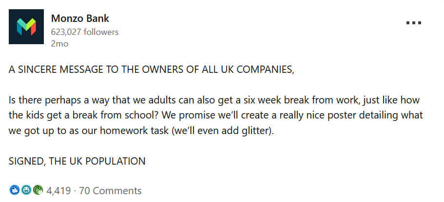 A screenshot of a Monzo Bank LinkedIn post that exemplifies the Radical Self-Awareness digital marketing trend 2026