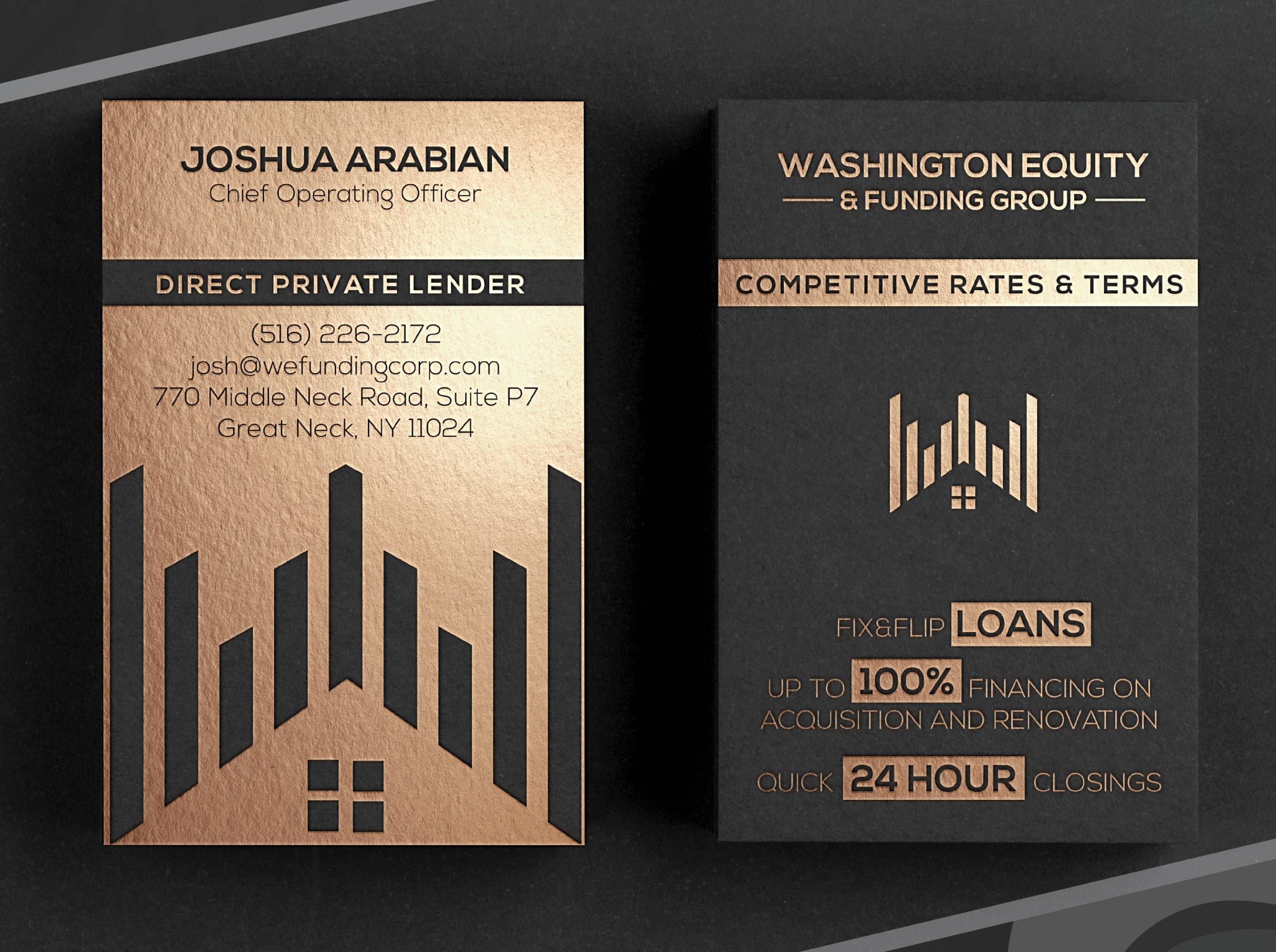 Angular lines and bronze finish for an industrial business card design
