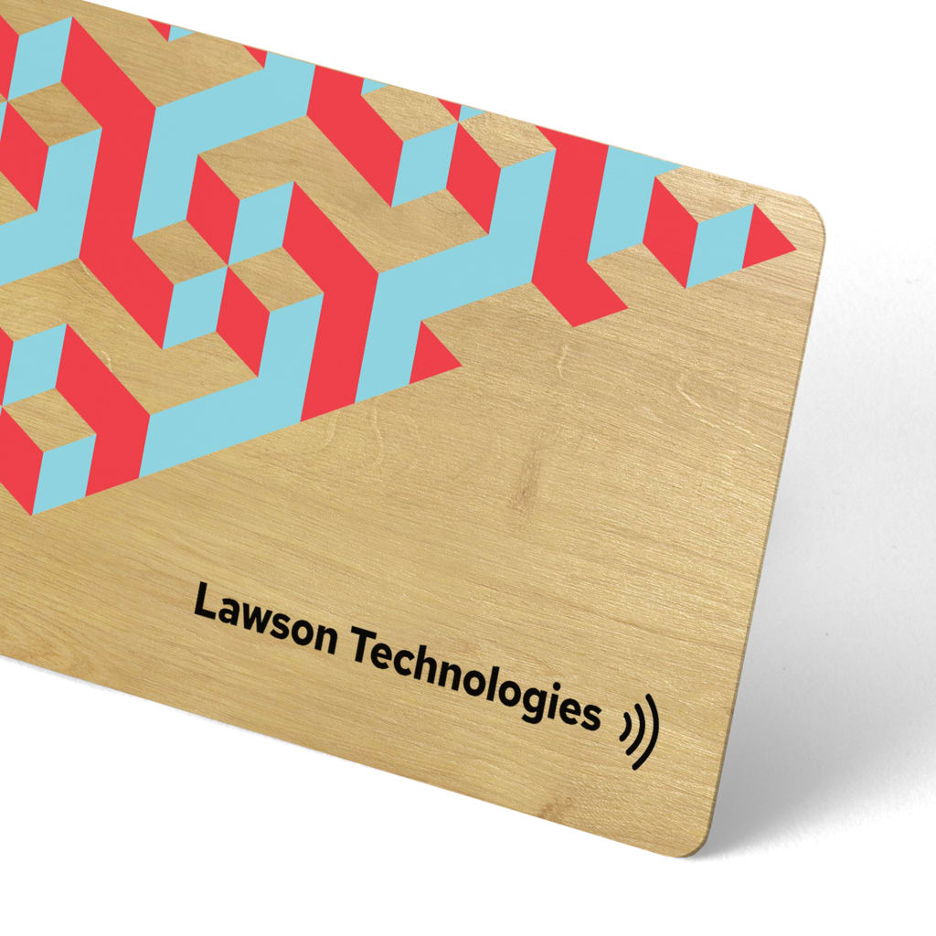 Lawson Technologies business card printed on wood, emphasizing how sustainable materials can communicate eco-friendly values and stand out with natural texture.