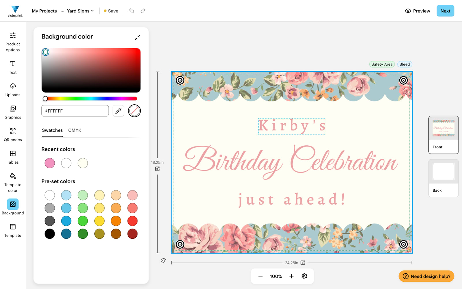 VistaPrint yard sign design edit page