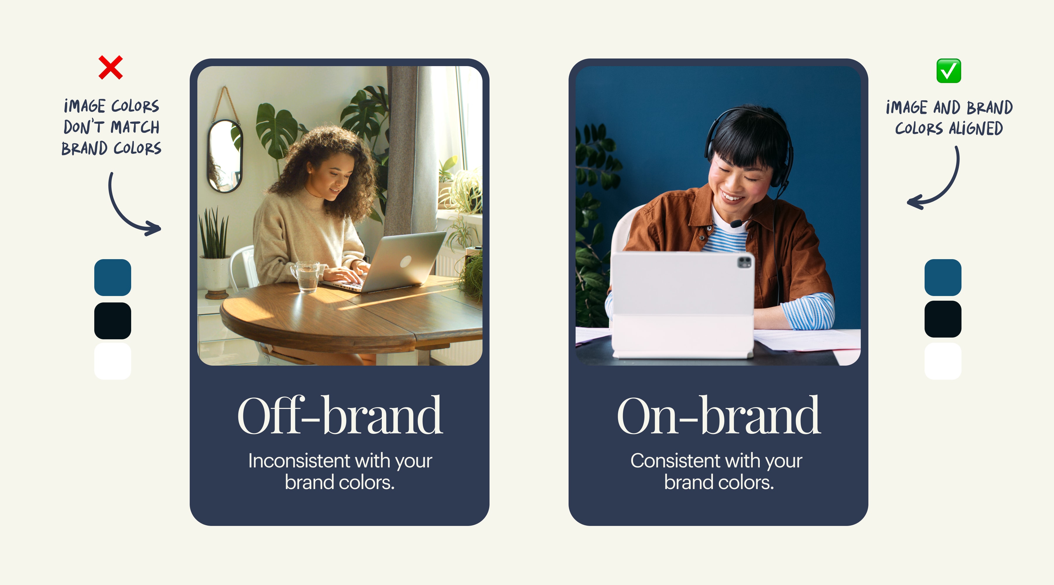 Imagery visual: before and after visuals demonstrating off-brand and on-brand color usage..