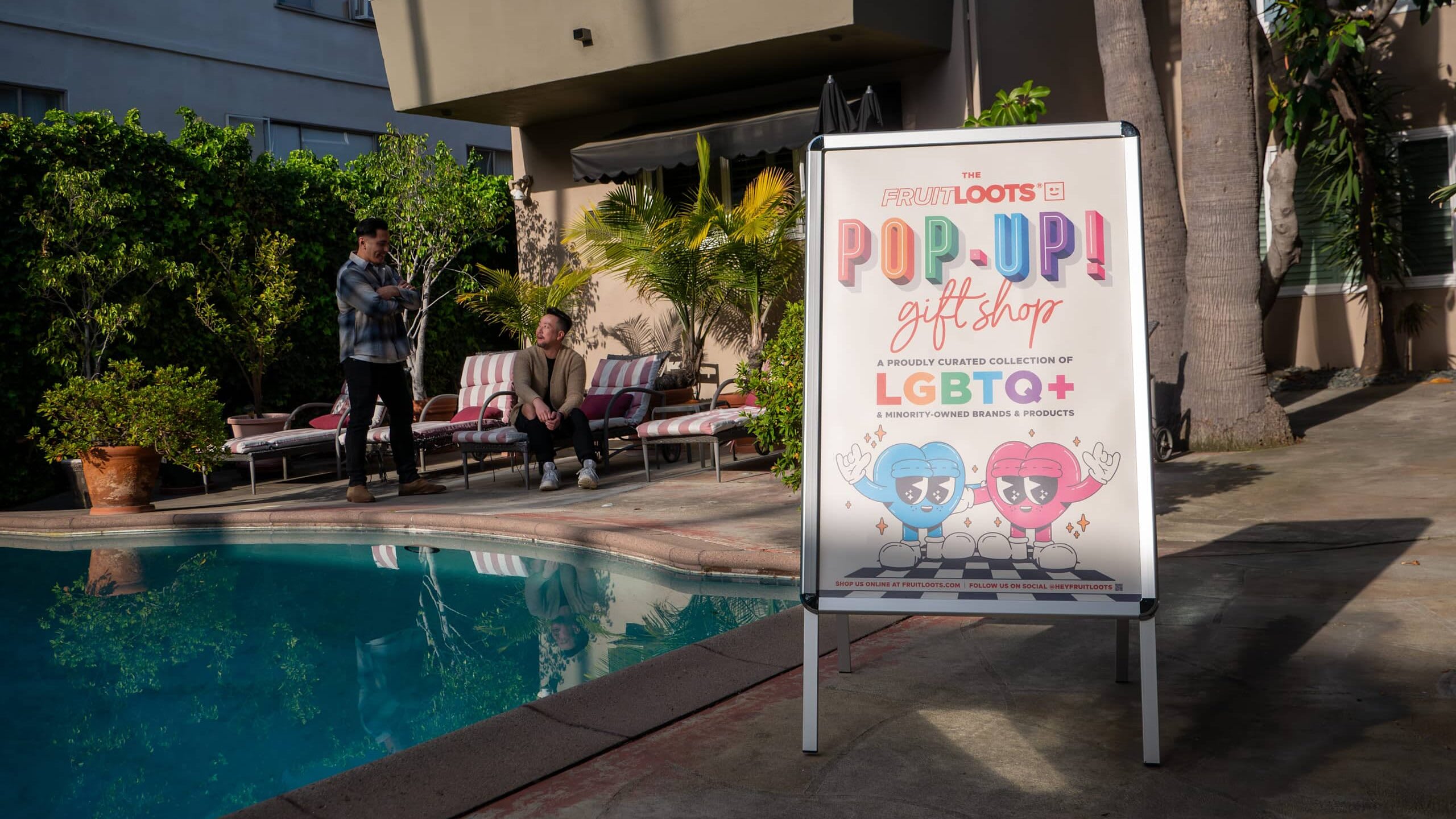 Branded A-frame sign for FRUITLOOTS that aligns with the brand’s style guidelines