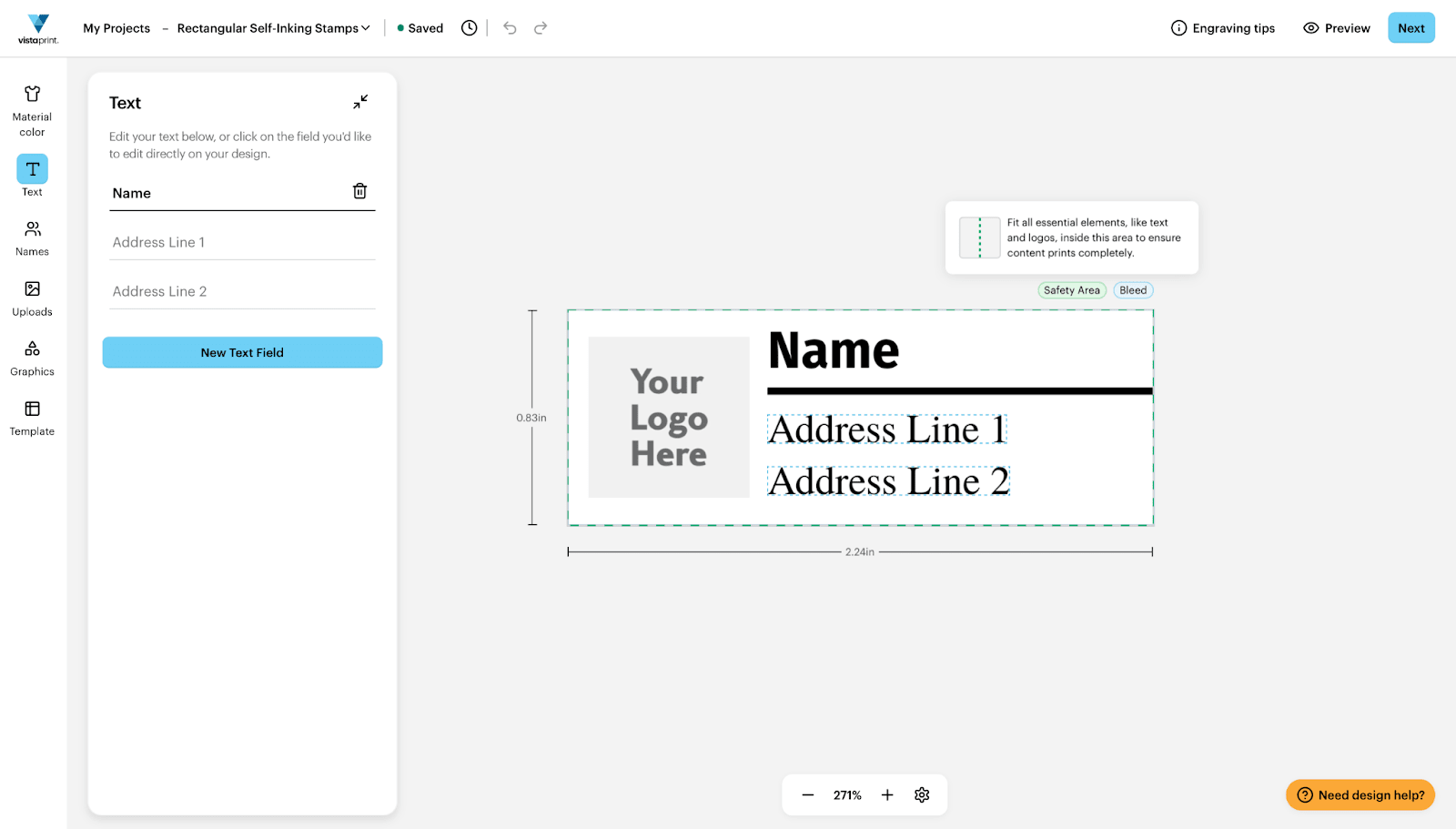 VistaPrint editor with a custom stamp template