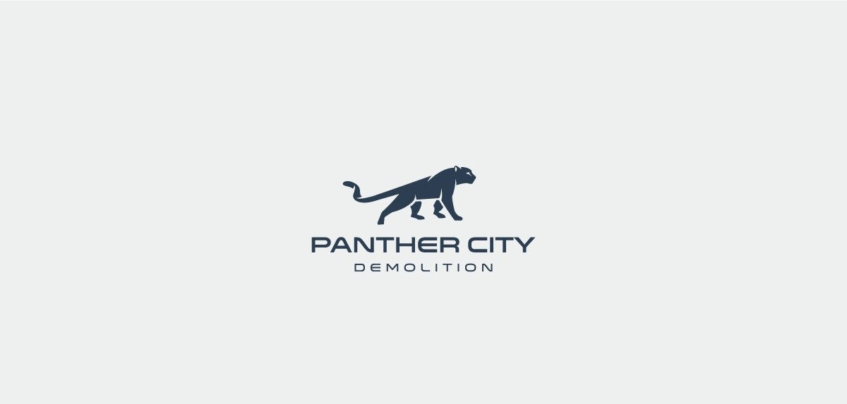 A logo for a demolition company that features a minimal but robust silhouette of a panther in a modern style