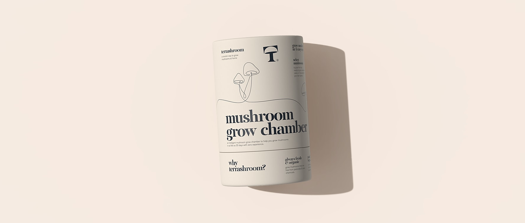 Mushroom grow chamber packaging featuring the brand logo at the top of the can