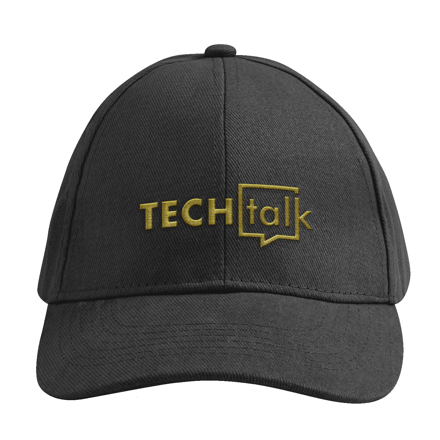 A coarse, black branded cap with a golden-yellow logo printed on it via embroidery
