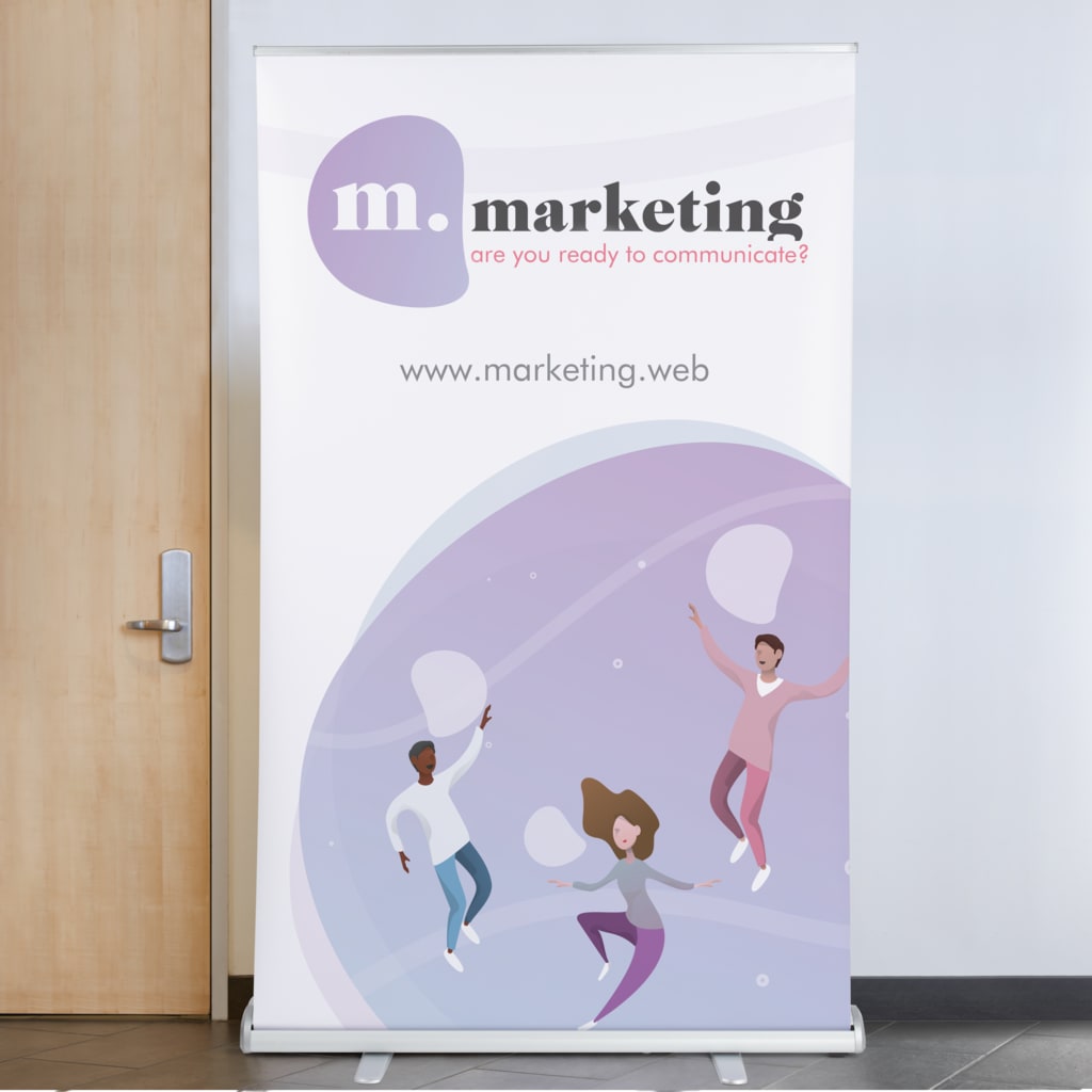 Marketing company retractable banner with logo, website URL and simple graphic