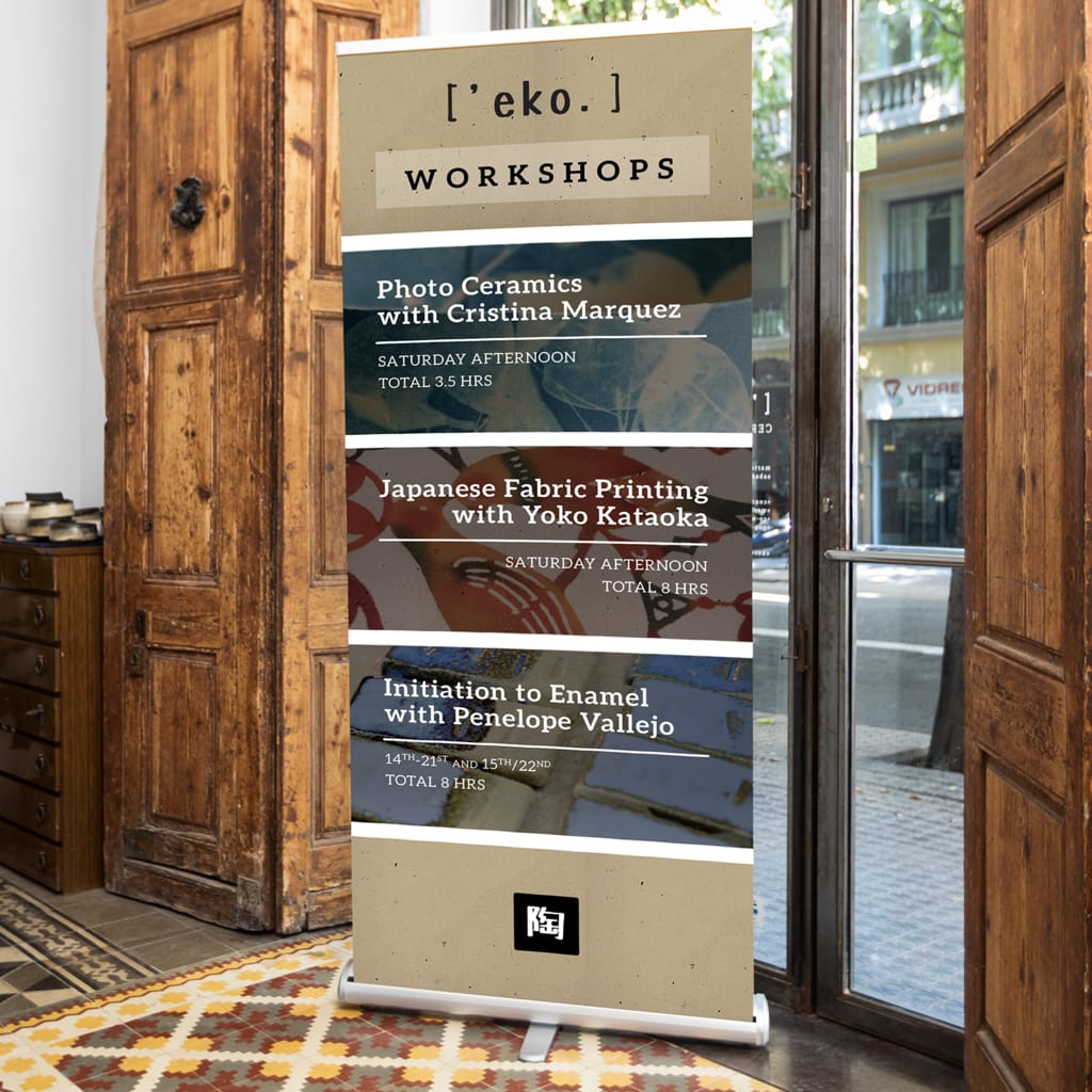 Vertical stack retractable banner layout listing different different workshops at a ceramics studio