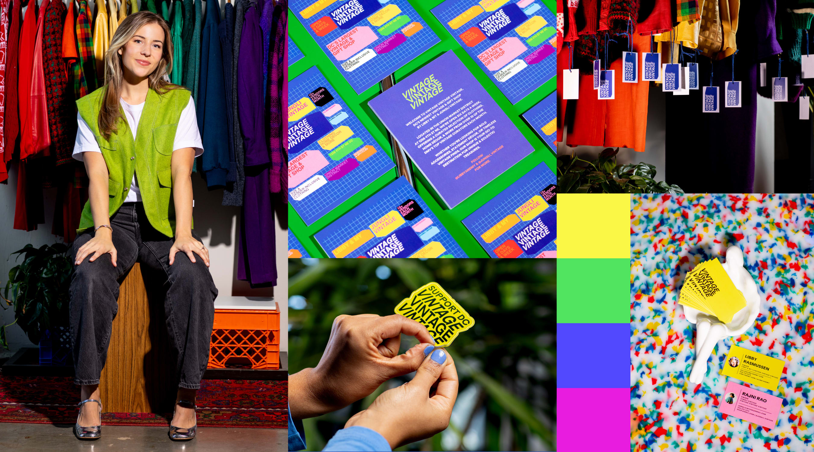 Clothing retail mood board example featuring clothing retail brand, shop layout, small print items like tags and stickers.