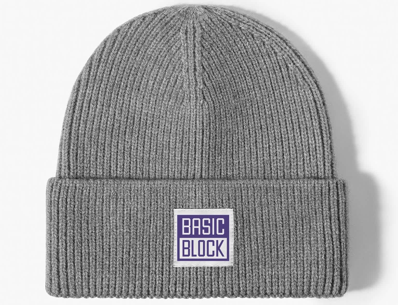 Simple grey folded hem beanie with fabric logo-tag sewn into front