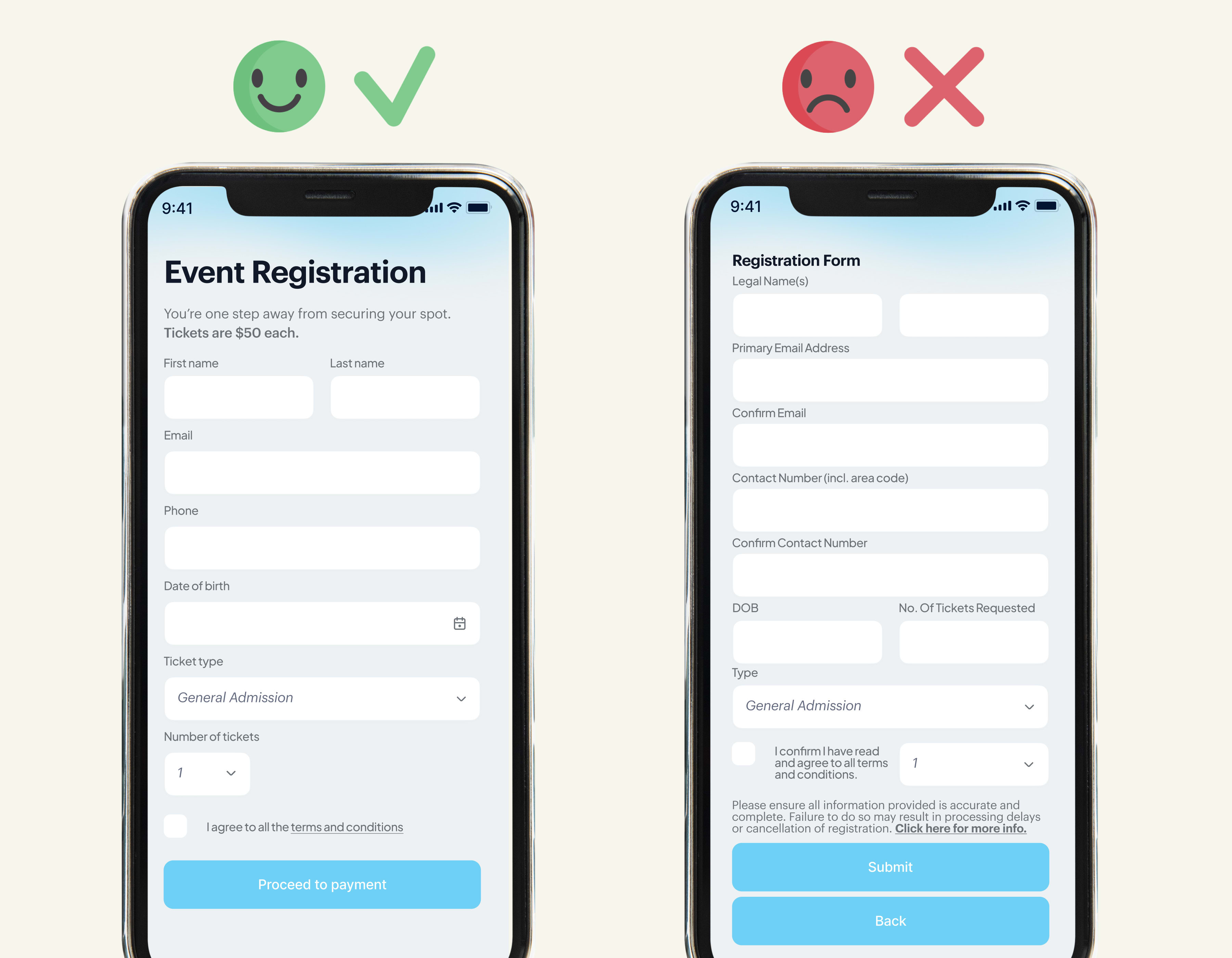 event registration guide: a right and wrong display