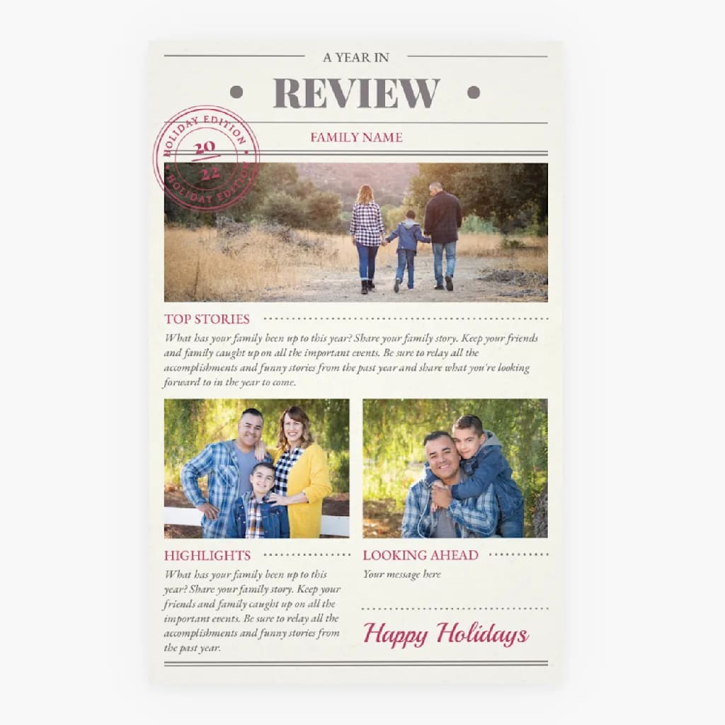 Year-in-review Christmas card with family photos and sections for top stories, highlights and plans for the year ahead.