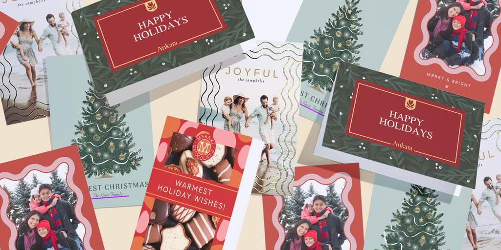 Selection of holiday cards with similar colors of muted reds and greens but different designs and styles