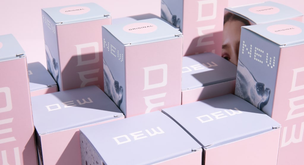 custom packaging size guide featuring pink and blue branded product boxes in different shapes and dimensions