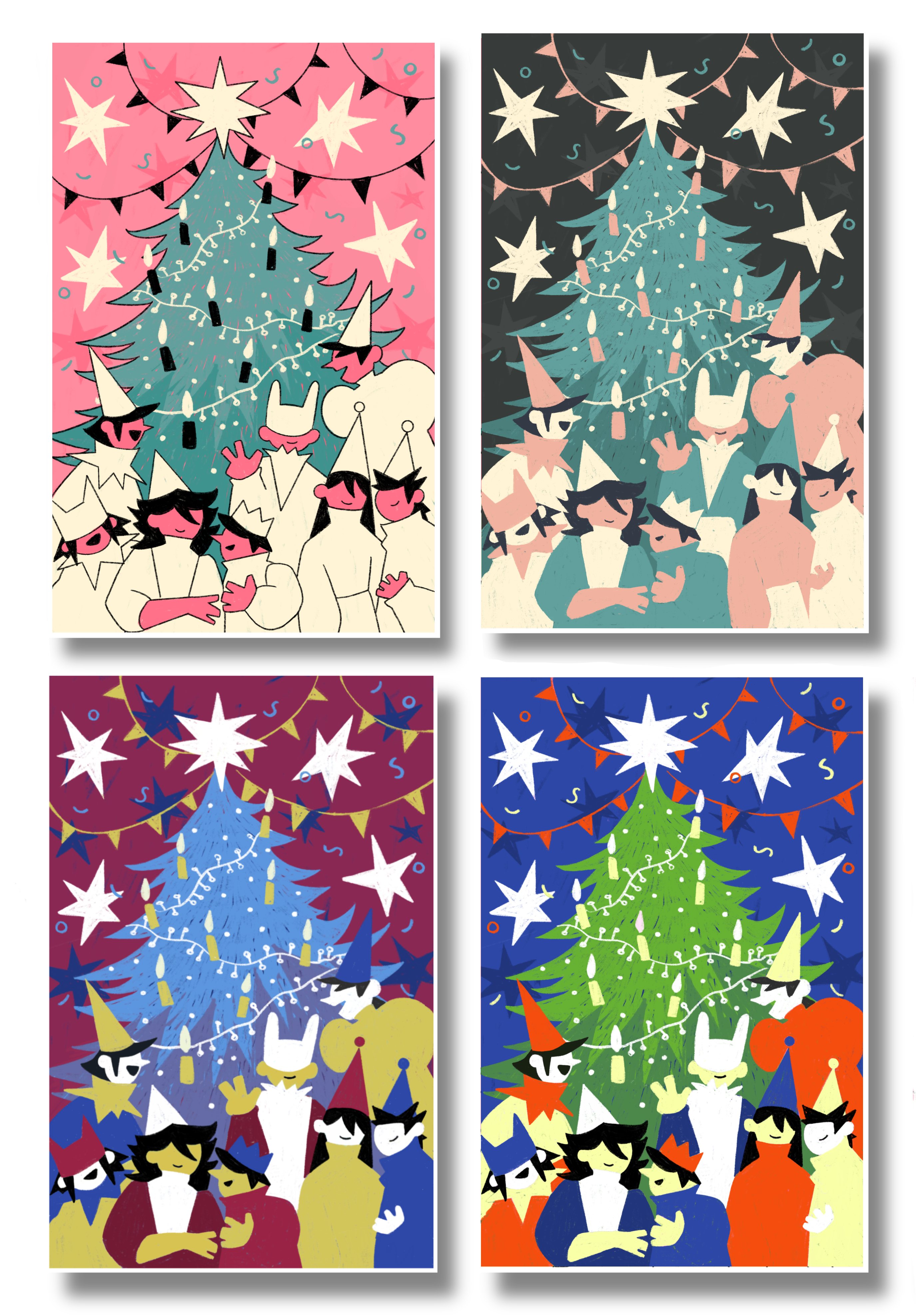 Artsy Christmas card designs in four colors