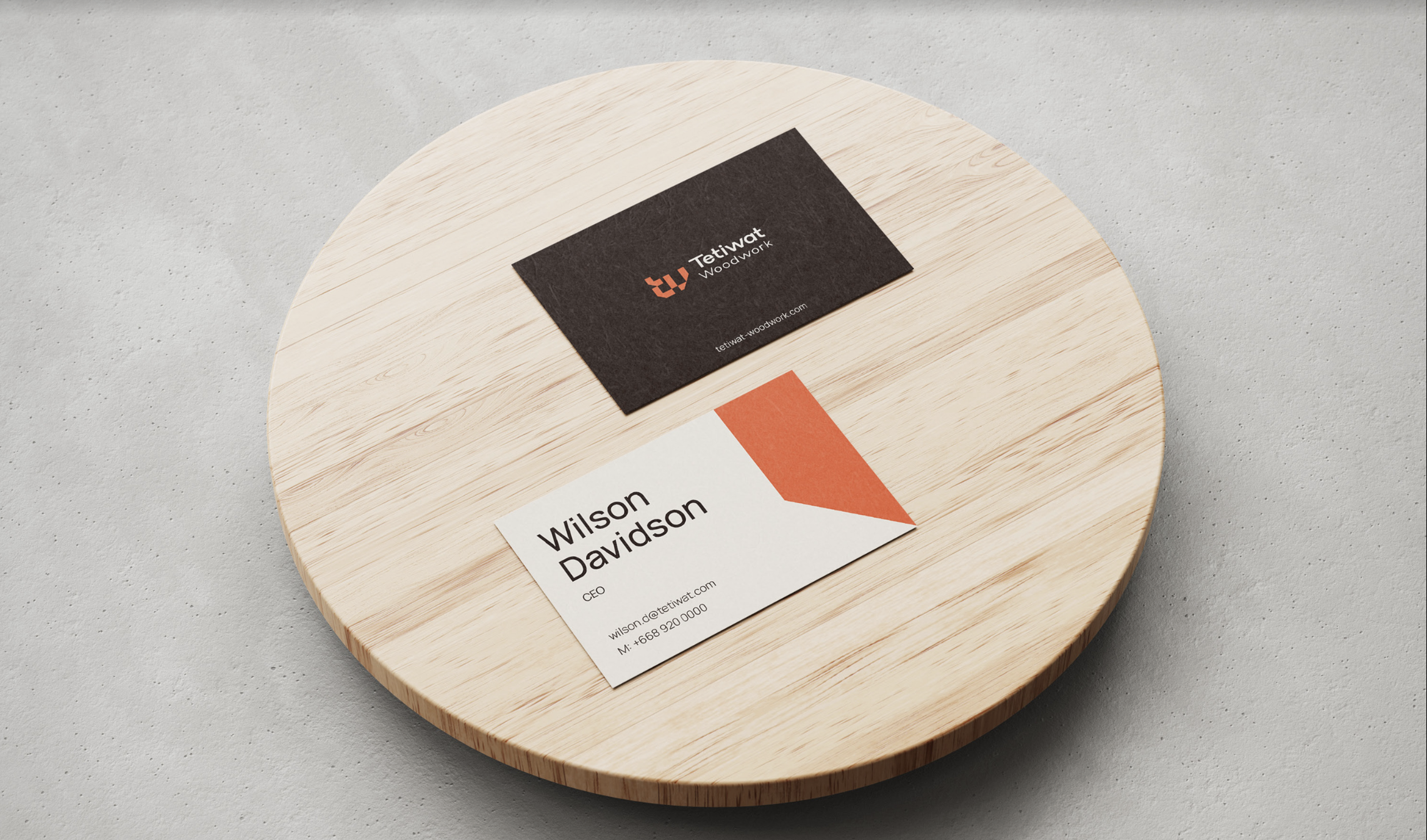 An image of a logo and business card design for Tetiwat Woodwork.