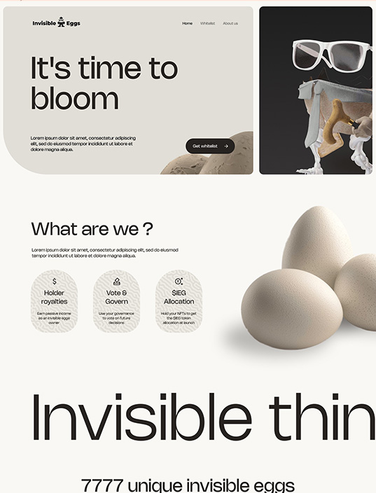 Website design with a monochrome color scheme for an NFT brand