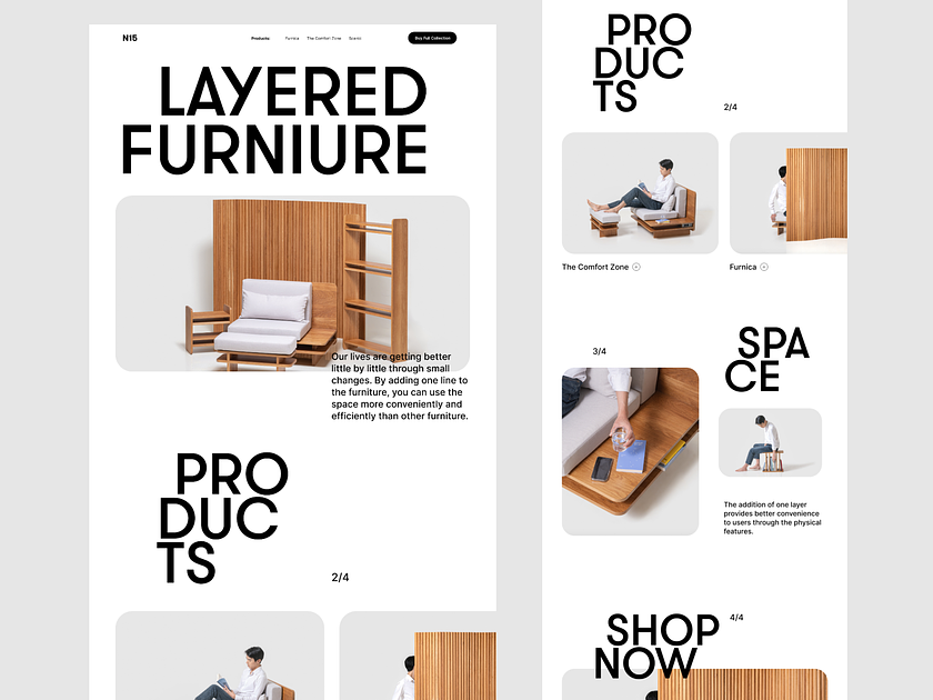 Website design with asymmetric spacing for a furniture brand