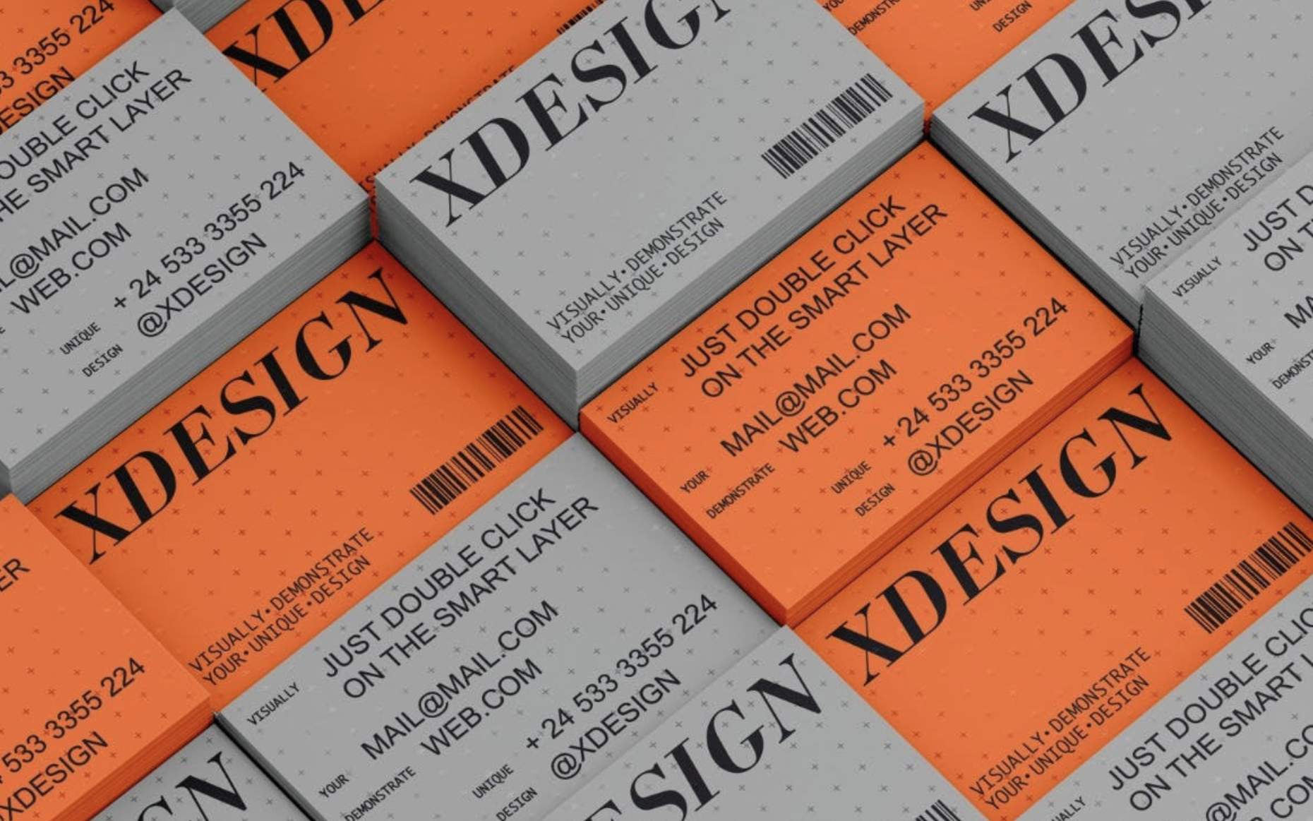 orange and gray business cards with large black text