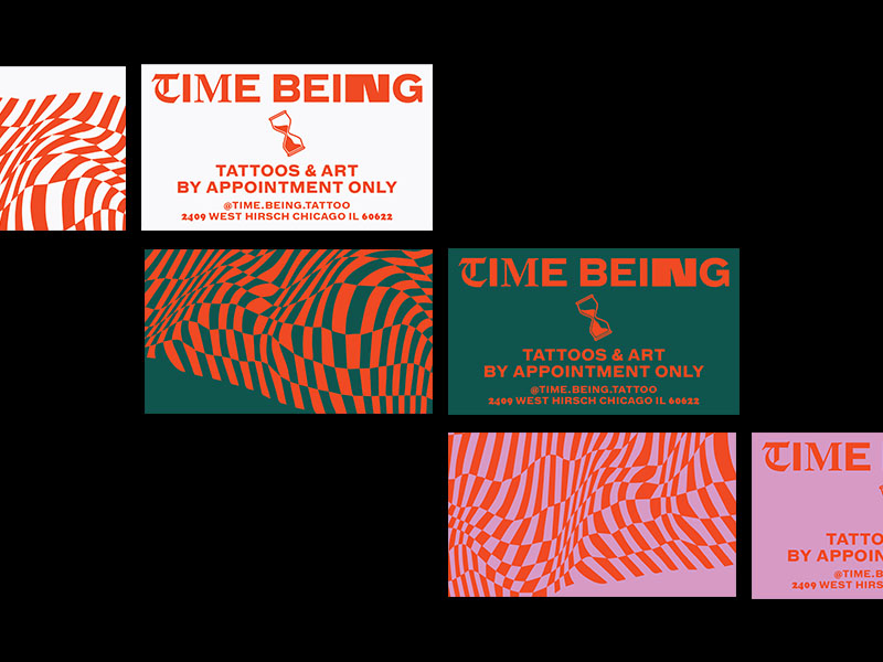 three business cards featuring wavy, uneven orange checkerboard patterns; one white, one pink and one green