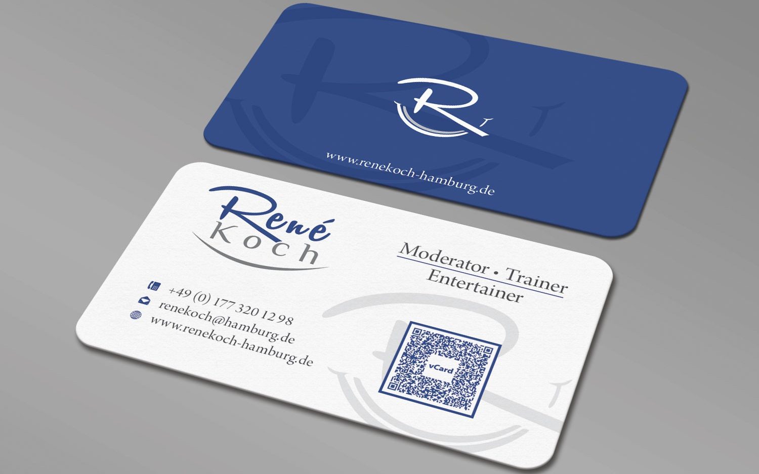 blue and white business card with a QR code