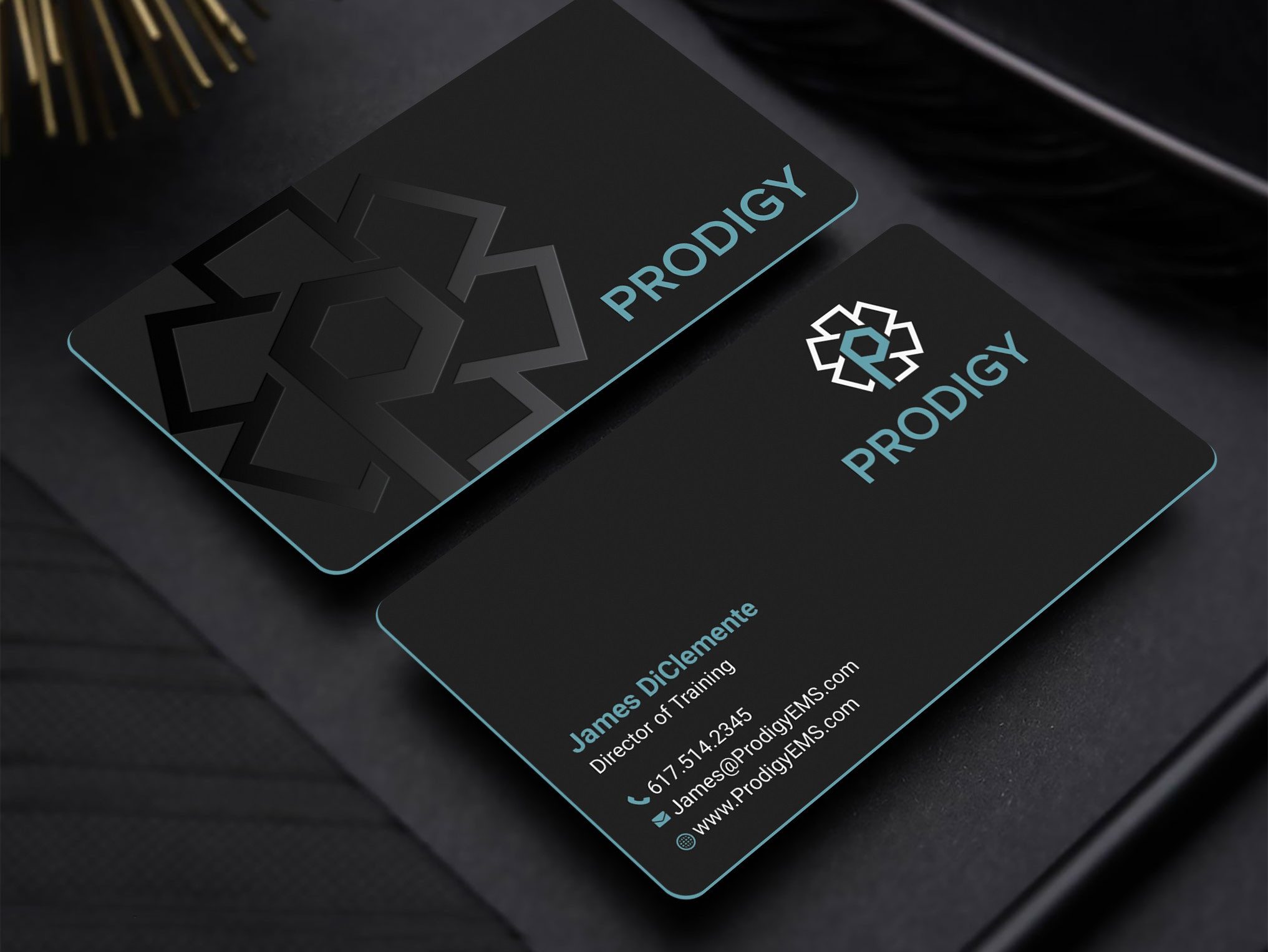 black business card with a light blue logo and edges that match the logo color