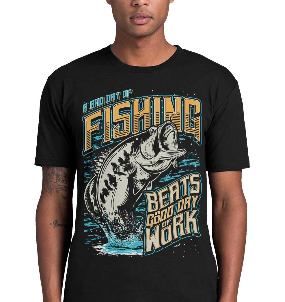 Young man wearing a black T-shirt with a fishing design with jumping fish