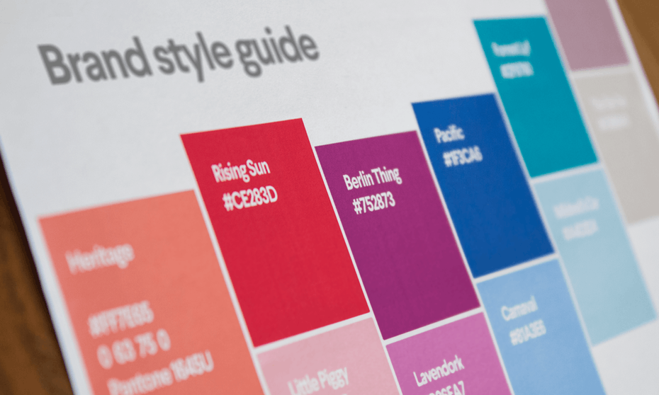 Brand style guide showing a variety of colours and their HEX codes